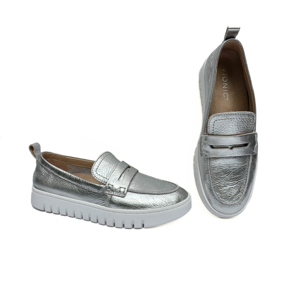 Vionic Uptown Womens 6.5 Silver Metallic Leather Penny Loafers Comfort NWOB